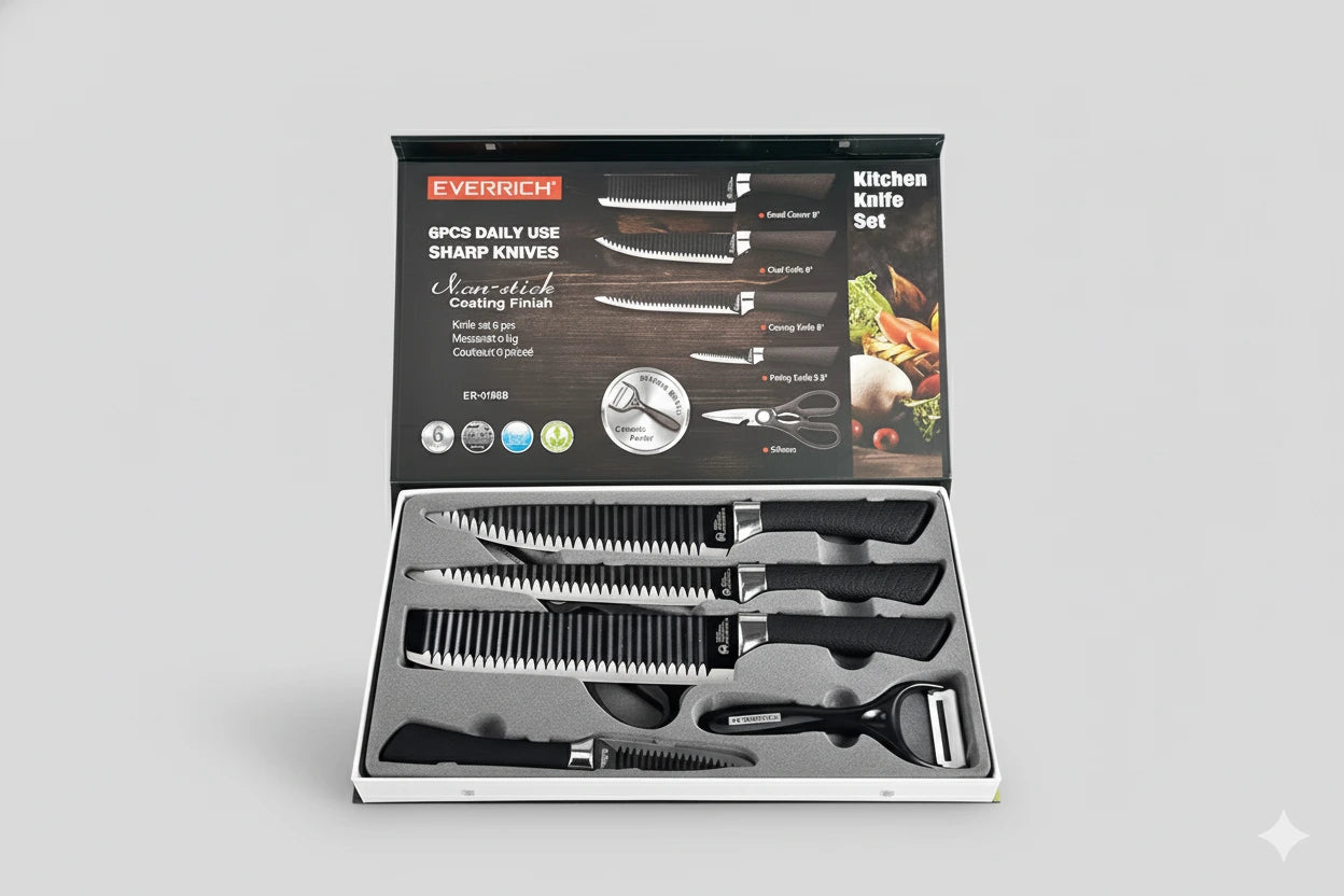 6-Piece Non-Stick Kitchen Knife Set — 4 Knives + Scissors &amp; Ceramic Peeler